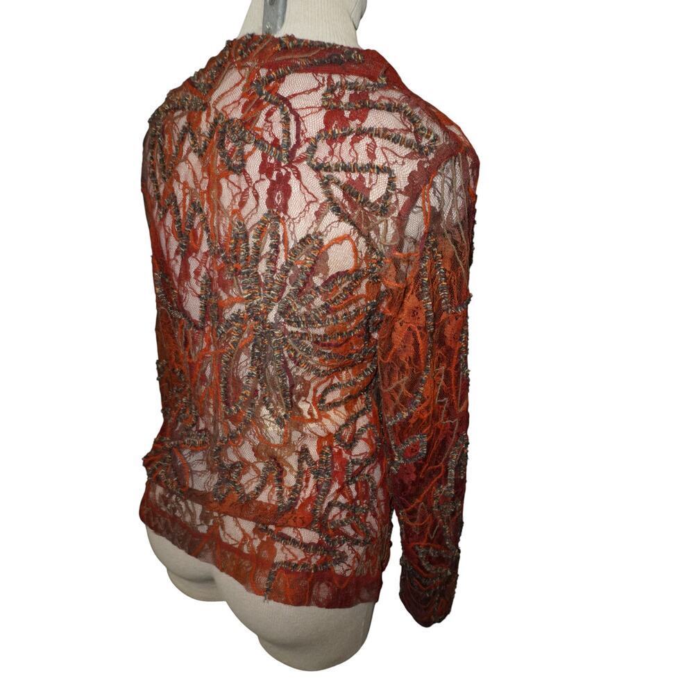 Vintage Sheer Burnt Orange Embroidered Lace Mesh Button-Up Top Boho Whimsy Goth - Picture 7 of 14
